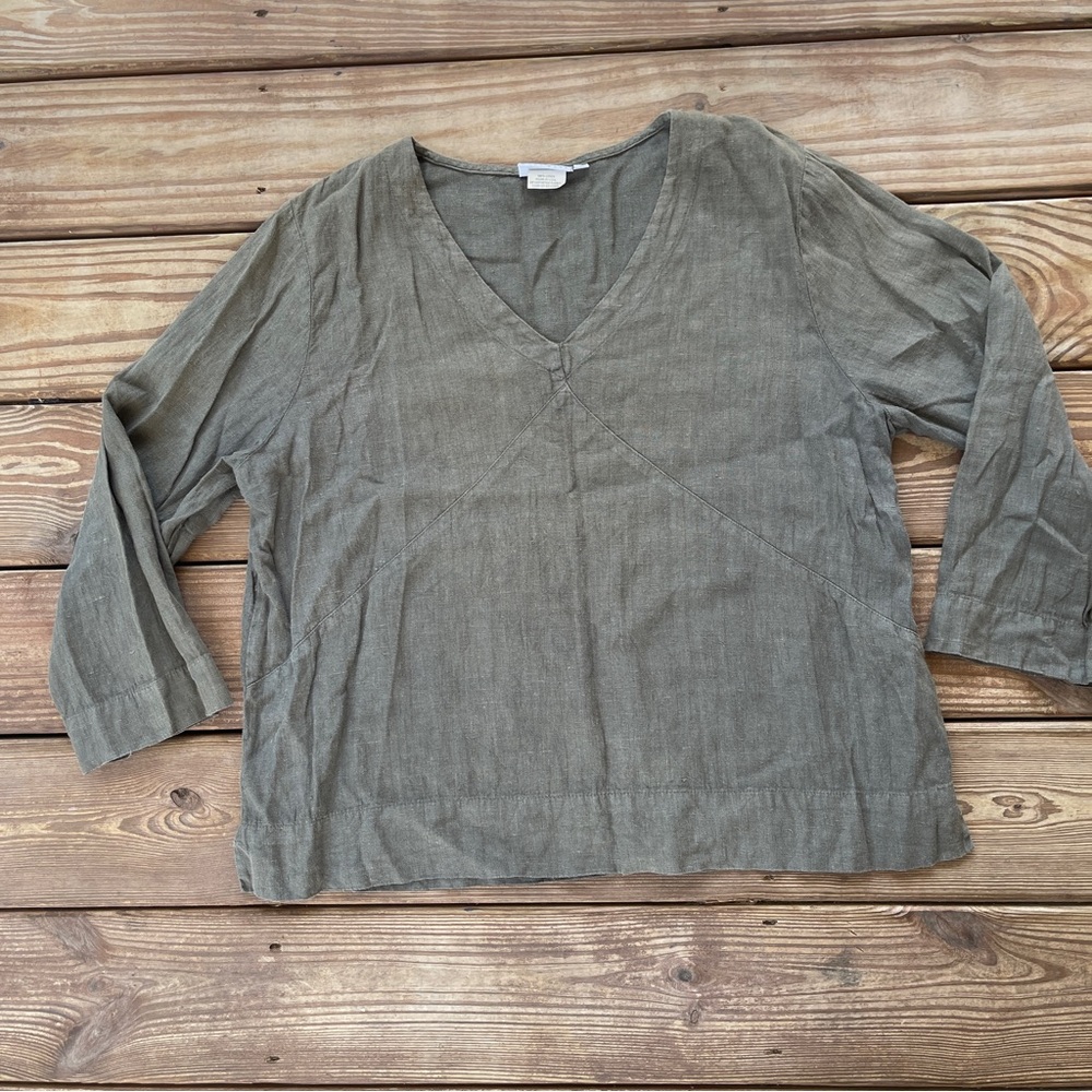 Hot Cotton Flax Olive Green 100% Linen Blouse XL Minimalist Boxy Top